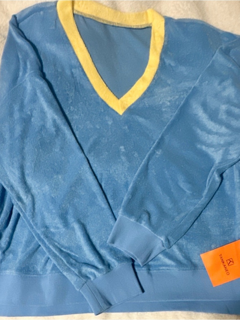 TANKANEO Blue Yellow Top & Shorts Set XL, Polyester Viscose, V-Neck - Picture 3 of 6